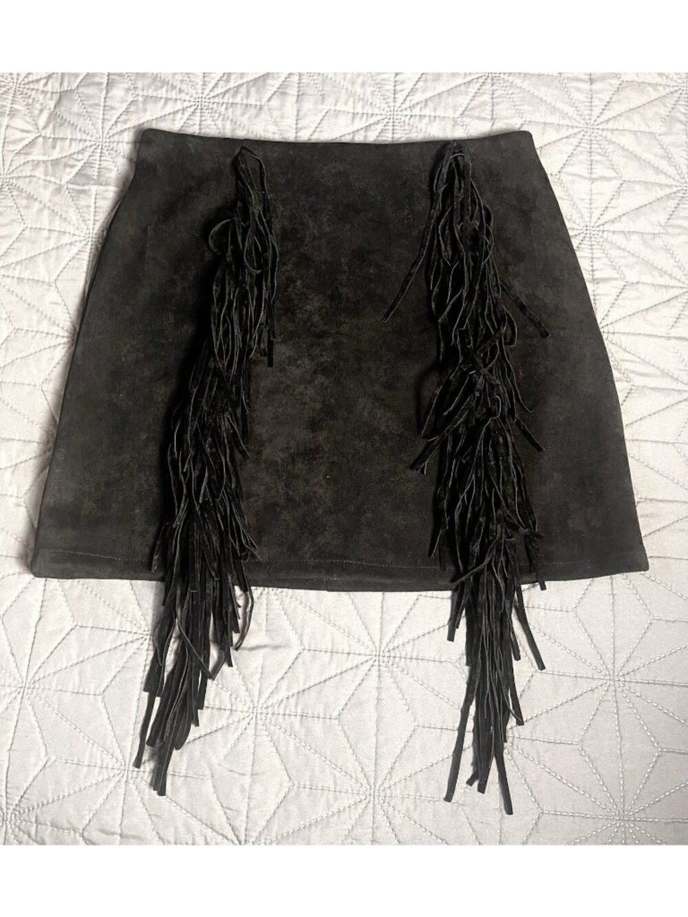 Faux Suede Fringe Mini Skirt Black Charcoal Western Cowgirl Medium M Boutique